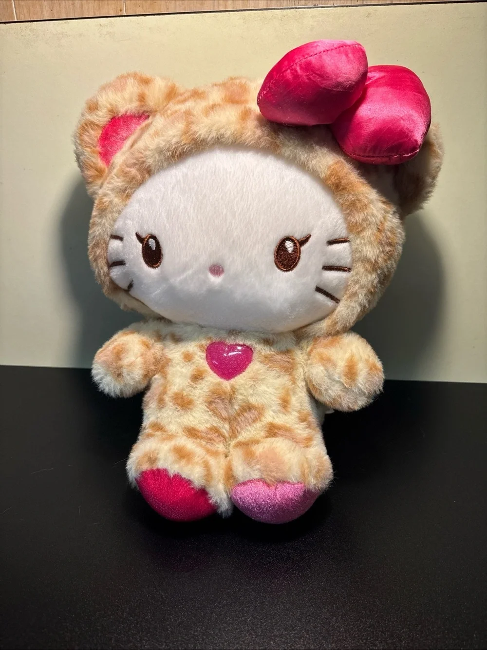 Hello Kitty Leopard-Pattern Plush with Hot Pink Bow